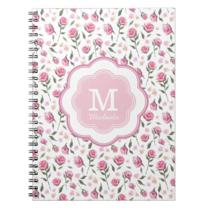 Monogram Romantic Pink Roses Pretty Pattern Spiral Notebook