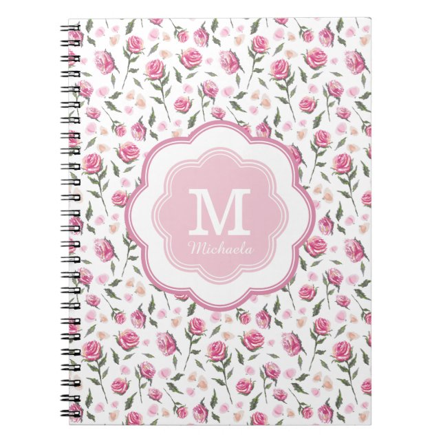 Monogram Romantic Pink Roses Pretty Pattern Spiral Notebook (Front)