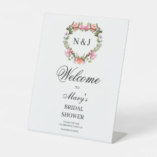 Monogram Romantic Rose Floral Heart Bridal Shower Pedestal Sign