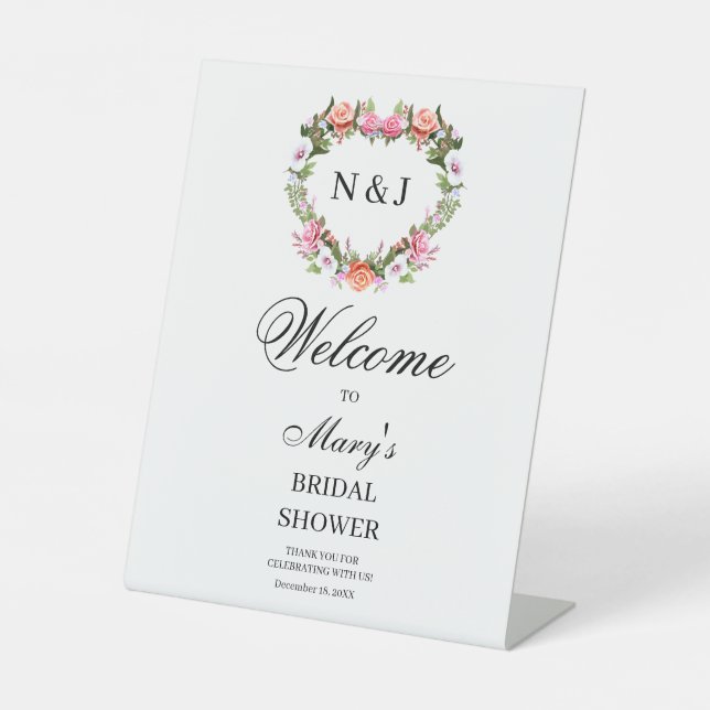 Monogram Romantic Rose Floral Heart  Bridal Shower Pedestal Sign (Front)