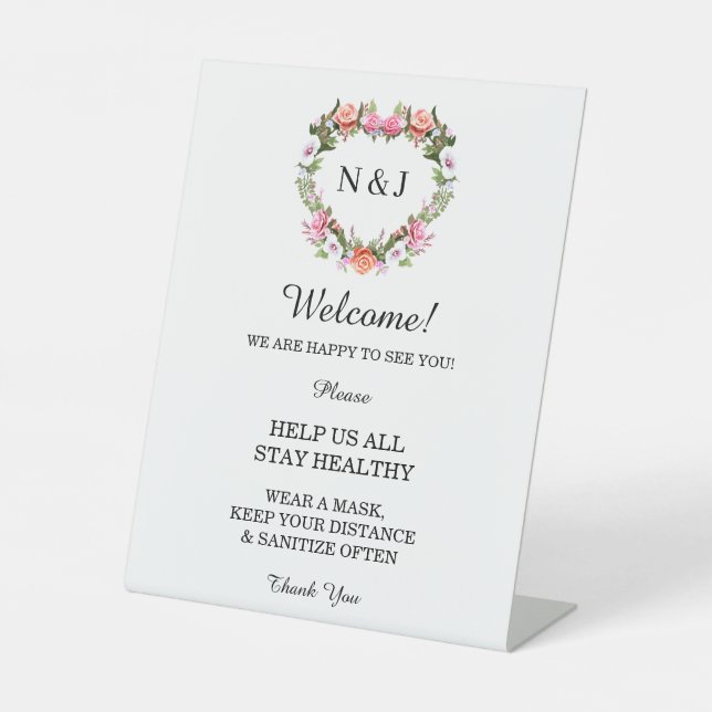 Monogram Romantic Rose Floral Heart Safety Measure Pedestal Sign (Front)