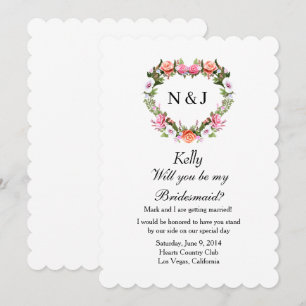 Monogram Romantic Roses Floral Heart Bridesmaid Invitation