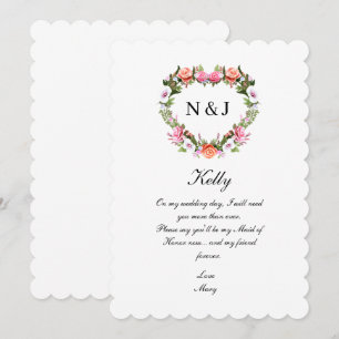 Monogram Romantic Roses Floral Heart Maid Of Honou Invitation