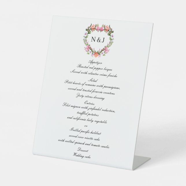Monogram Romantic Roses Floral Heart Wedding Menu Pedestal Sign (Front)