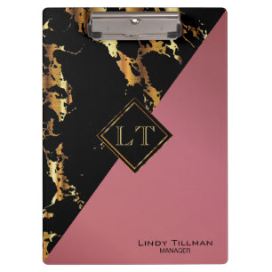 Monogram Rose, Black and Gold Marble Clipboard