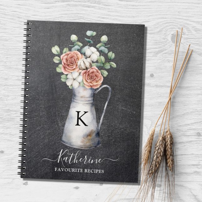 Monogram Rose Cotton Eucalyptus Jug Black Recipe  Notebook (In situ)