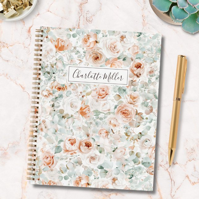 Monogram Rose Flowers Eucalyptus Leaves Floral Notebook (In situ)