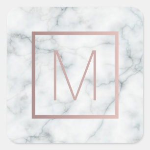 monogram rose gold and white on marble square sticker