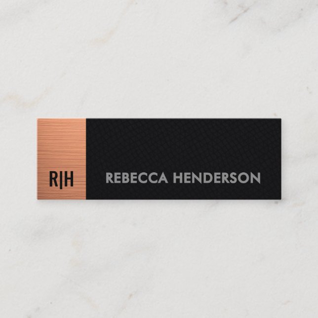 Monogram Rose Gold Bar & Black Leather  Mini Business Card (Front)