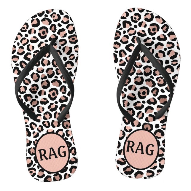 Monogram Rose Gold Black Leopard Print Trendy Jandals (Footbed)