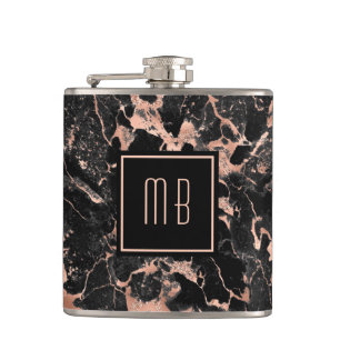 Monogram Rose Gold Black Marble Hip Flask