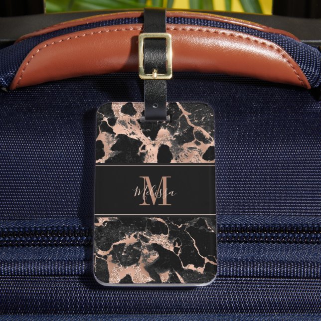 Monogram Rose Gold Black Marble Luggage Tag (Front Insitu 2)