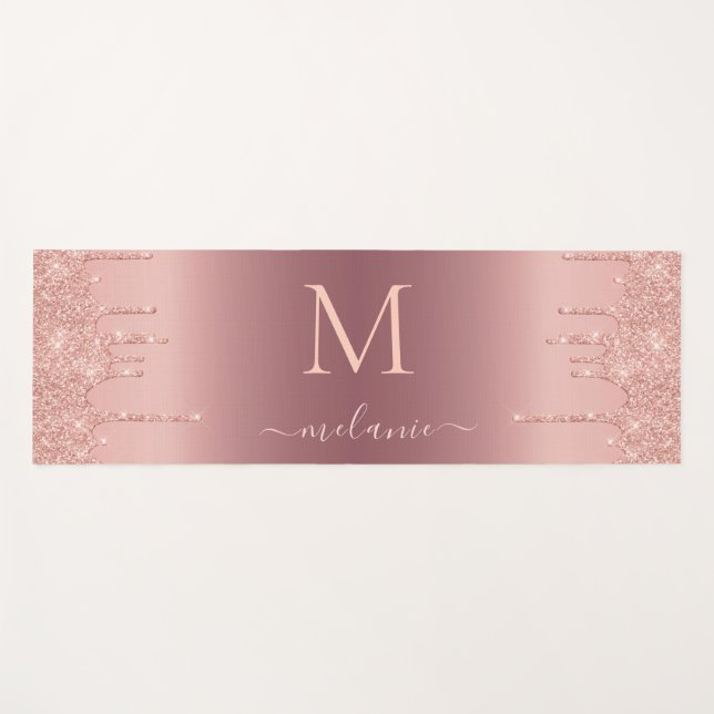 Monogram Rose Gold Blush Glitter Your Name Yoga Mat (Front (Horizontal))