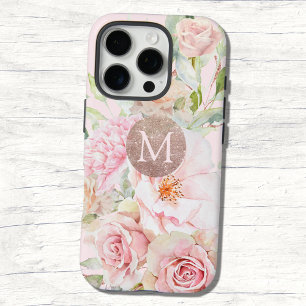 Monogram Rose Gold Blush Pink Watercolor Floral iPhone 16 Pro Case