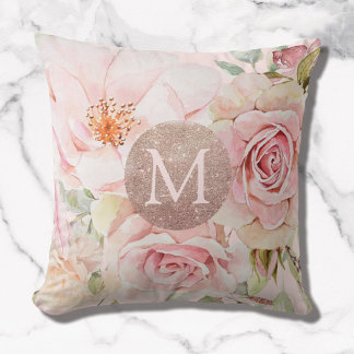 Monogram Rose Gold Blush Pink Watercolor Floral Cushion