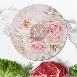Monogram Rose Gold Blush Pink Watercolor Floral Cutting Board