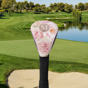 Monogram Rose Gold Blush Pink Watercolor Floral Golf Head Cover