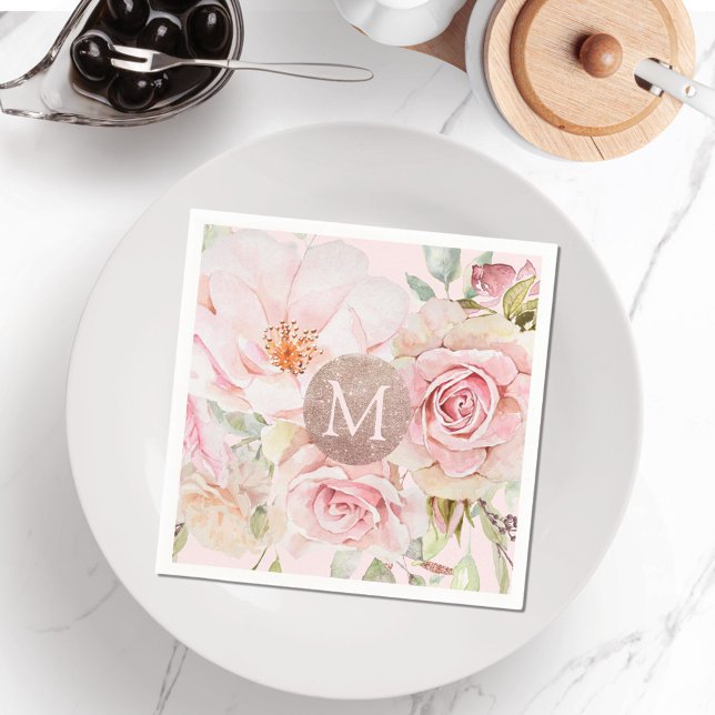 Monogram Rose Gold Blush Pink Watercolor Floral  Napkin (In situ)