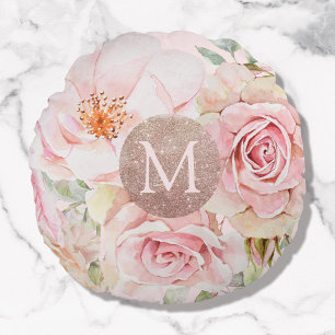 Monogram Rose Gold Blush Pink Watercolor Floral  Round Cushion