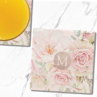 Monogram Rose Gold Blush Pink Watercolor Floral Stone Coaster