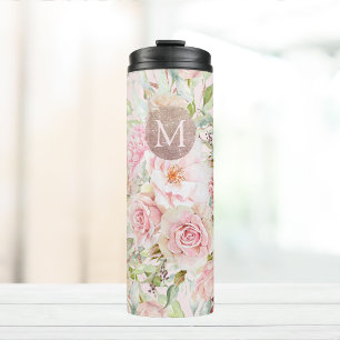 Monogram Rose Gold Blush Pink Watercolor Floral  Thermal Tumbler
