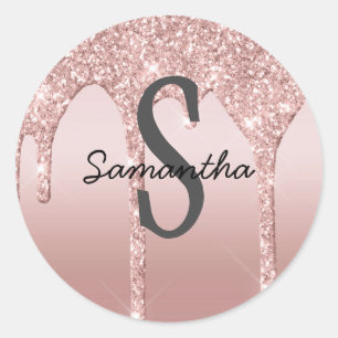 Monogram Rose Gold Drip Glitter Blush Pink Trendy Classic Round Sticker