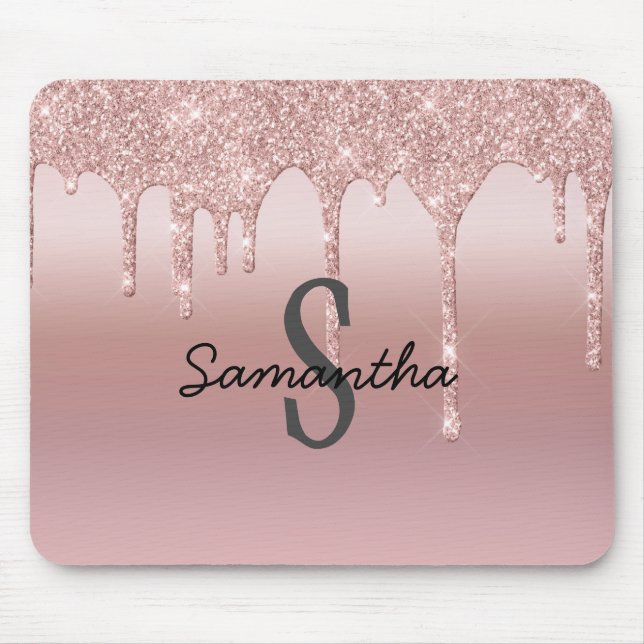 Monogram Rose Gold Drip Glitter Blush Pink Trendy Mouse Pad (Front)