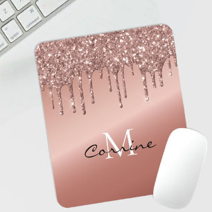 Monogram Rose Gold Dripping Glitter Metallic Mouse Pad