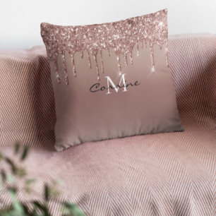 Monogram Rose Gold Dripping Glitter Metallic Pink Cushion