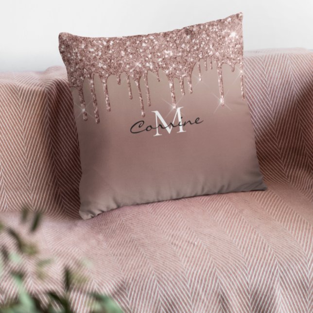 Monogram Rose Gold Dripping Glitter Metallic Pink Cushion (Creator Uploaded)