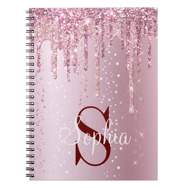 Monogram Rose Gold Dripping Glitter Sparkles Notebook (Front)