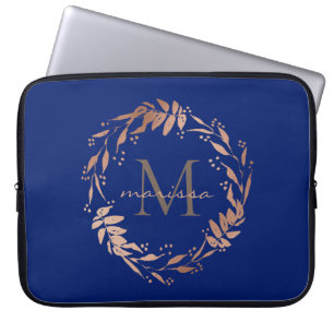Monogram Rose Gold Eucalyptus Wreath on Navy Blue Laptop Sleeve