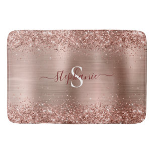 Monogram Rose Gold Faux-Glitter Girly Glam Bath Mat