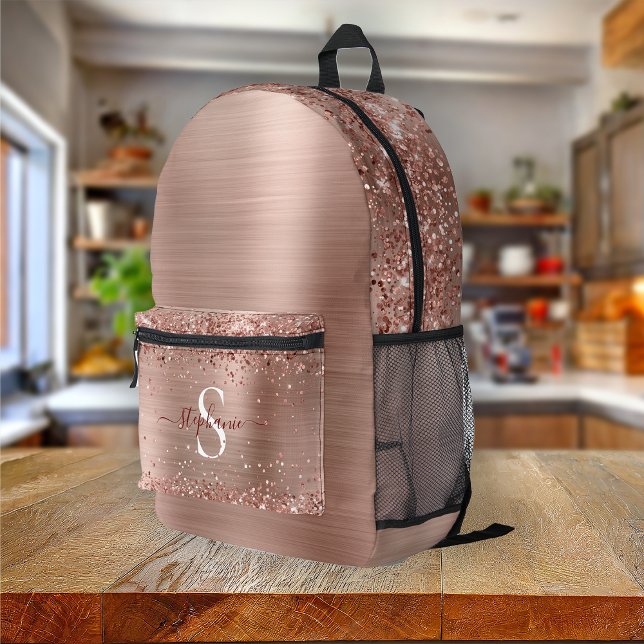 Monogram Rose Gold Faux-Glitter Girly Glam Printed Backpack (Monogram Rose Gold Glitter Girly Glam Printed Backpack)