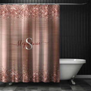 Monogram Rose Gold Faux-Glitter Girly Glam Shower Curtain