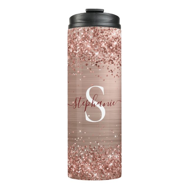 Monogram Rose Gold Faux-Glitter Girly Glam Thermal Tumbler (Front)