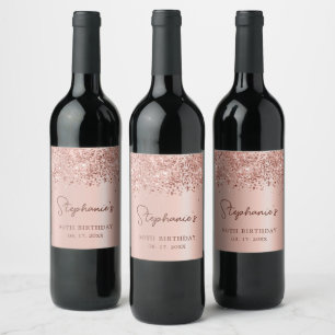 Monogram Rose Gold Glitter 90th Birthday Script Wine Label