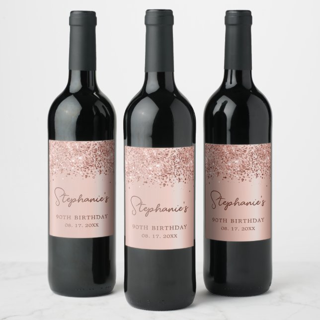 Monogram Rose Gold Glitter 90th Birthday Script Wine Label (Bottles)