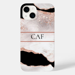 Monogram Rose Gold Glitter Agate Black White Swirl Case-Mate iPhone 14 Case