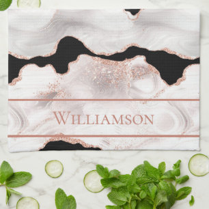 Monogram Rose Gold Glitter Agate Black White Swirl Tea Towel