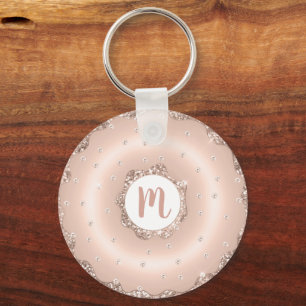 Monogram rose gold glitter doughnut script girly key ring
