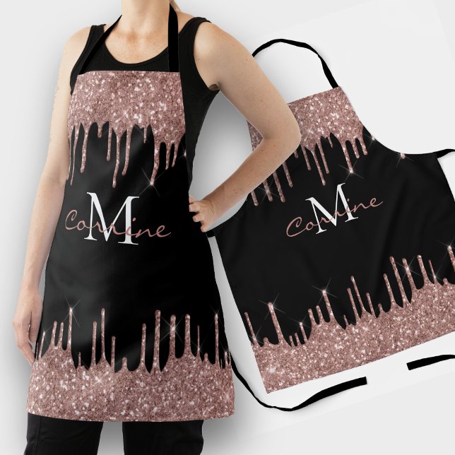 Monogram Rose Gold Glitter Drip Black Name Apron (Creator Uploaded)