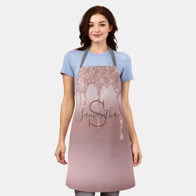 Monogram Rose Gold Glitter Drip Blush Pink Trendy Apron (Worn)