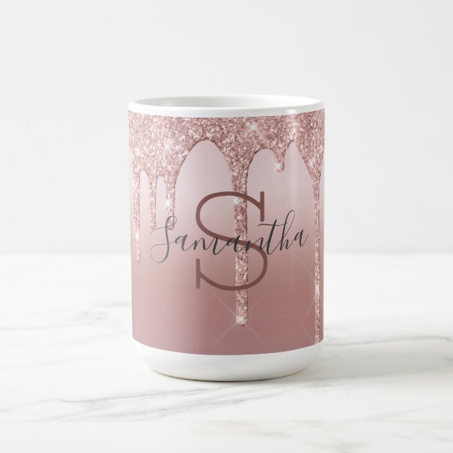 Monogram Rose Gold Glitter Drip Blush Pink Trendy  Coffee Mug (Center)
