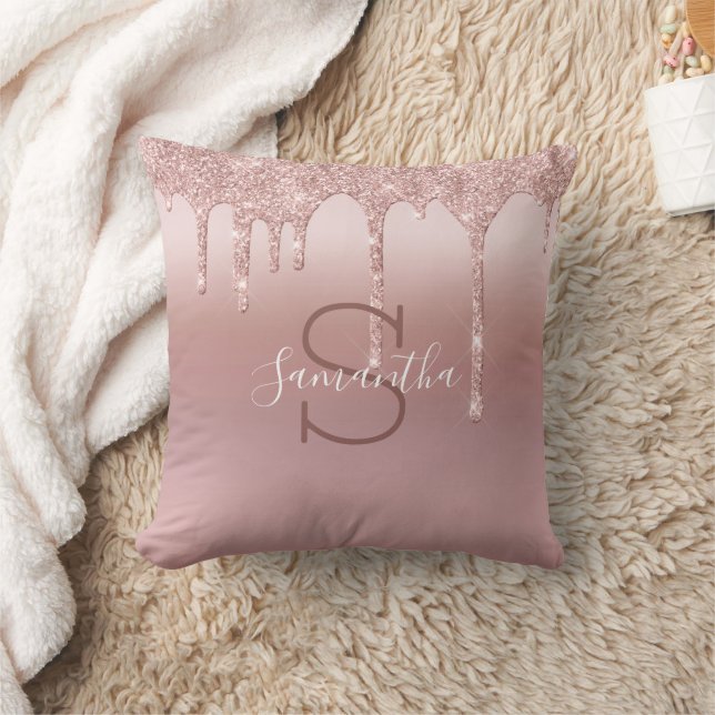 Monogram Rose Gold Glitter Drip Blush Pink Trendy Cushion (Blanket)