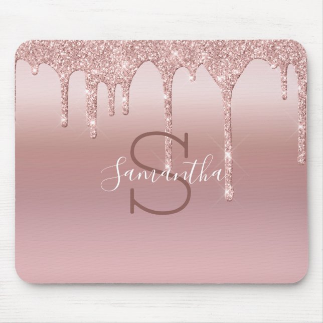 Monogram Rose Gold Glitter Drip Blush Pink Trendy Mouse Pad (Front)