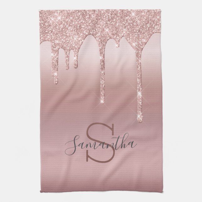 Monogram Rose Gold Glitter Drip Blush Pink Trendy Tea Towel (Vertical)