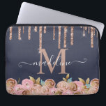 Monogram Rose Gold Glitter Drip Girly Glam Laptop Sleeve<br><div class="desc">Monogram Pink Glitter Girly Glam Laptop Sleeve - You love to sparkle, why shouldn't your laptop case? This lovely, navy blue laptop case features dripping rose gold glitter with blush and gold feminine florals. Add a personal touch by adding your name and initial. Case will be part of a collection....</div>