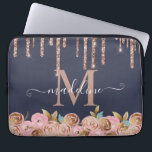 Monogram Rose Gold Glitter Drip Girly Glam Laptop Sleeve<br><div class="desc">Monogram Pink Glitter Girly Glam Laptop Sleeve - You love to sparkle, why shouldn't your laptop case? This lovely, navy blue laptop case features dripping rose gold glitter with blush and gold feminine florals. Add a personal touch by adding your name and initial. Case will be part of a collection....</div>