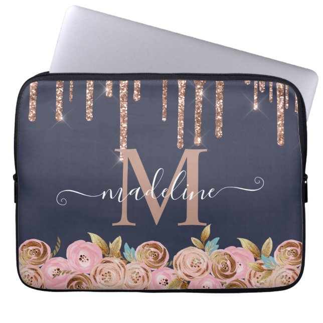 Monogram Rose Gold Glitter Drip Girly Glam Laptop Sleeve (Front)